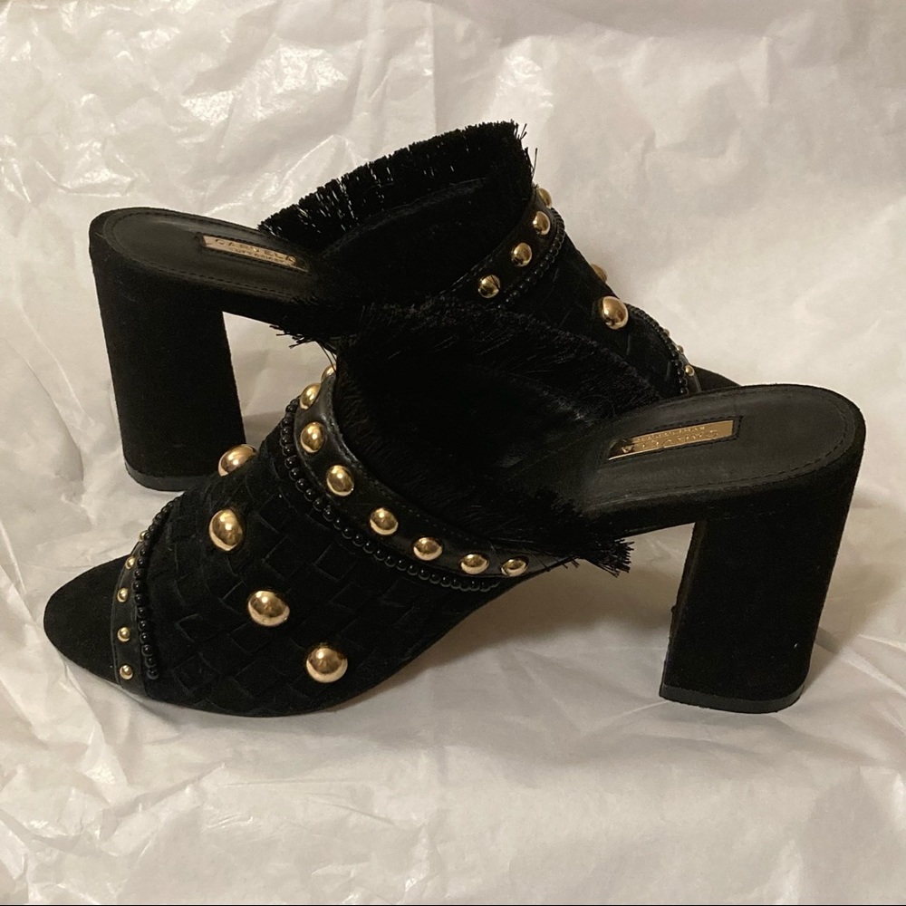 Carvela Kurt Geiger ‘Gander’ Mid Heel  Gold Studded Black Suede Mule Heels 37 - Picture 10 of 16